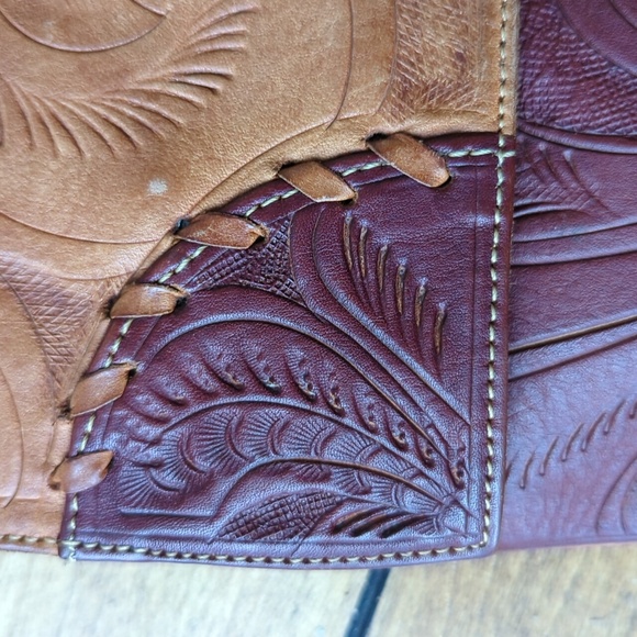 Leather Crossbody Patterned Bag, Tan & Maroon - Picture 9 of 11